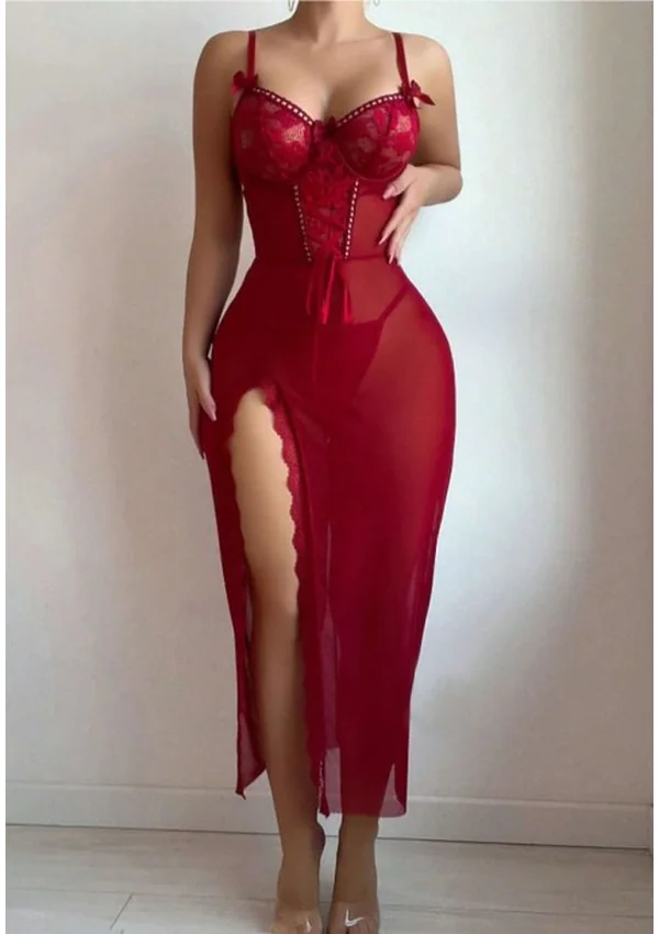 Crimson Elegance Sheer Gown - Burgundy color thumbnail