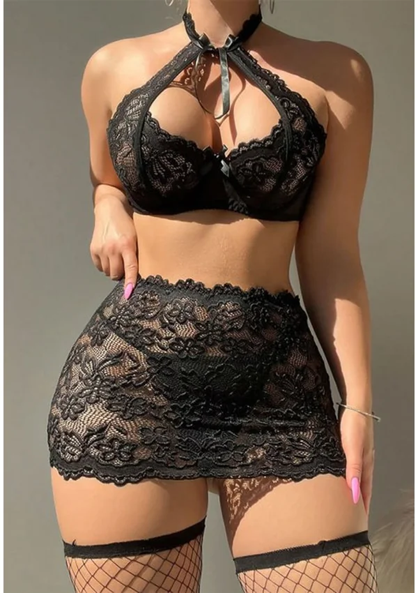 Serves You Right Lace Bra Set - Black color thumbnail