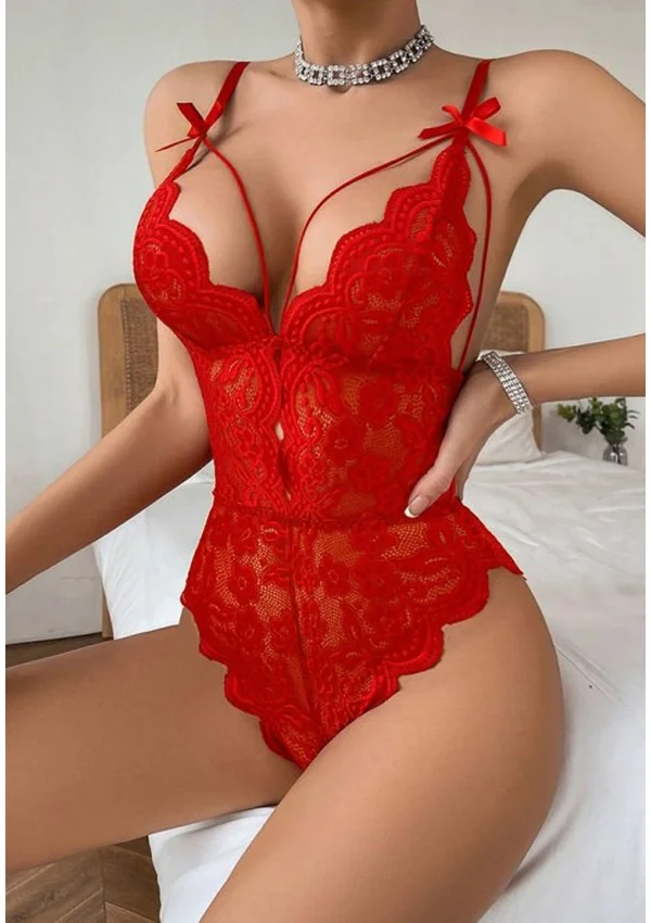 Passion Bloom Lace Teddy - Red color thumbnail