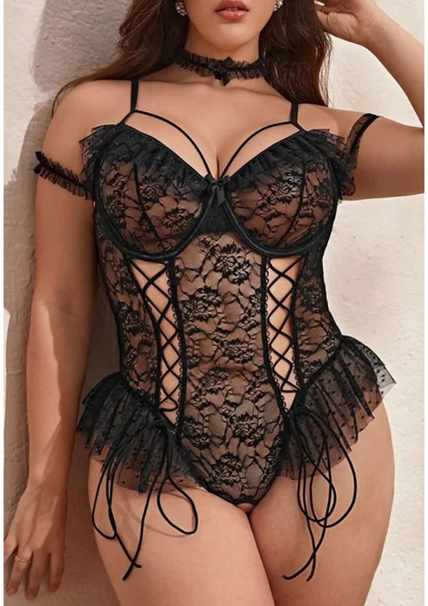 Midnight Lace Ruffle Corset Plus Teddy - Product image 1
