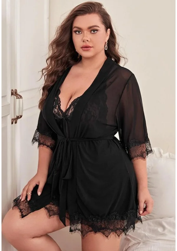 Sheer Black Lace Nightgown with Robe - Product image 4