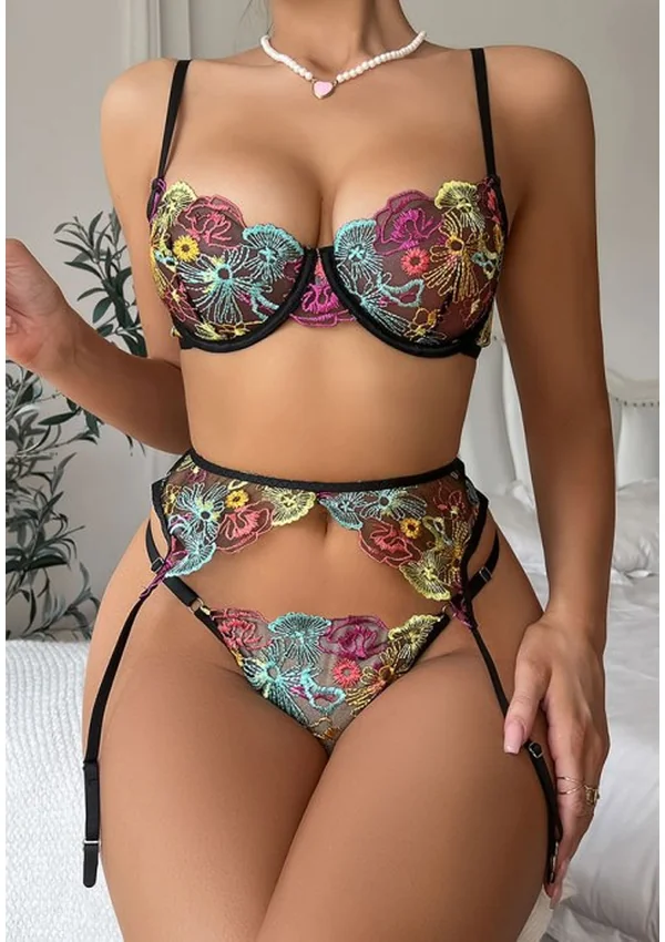 Radiant Bloom Lingerie Set - Black/Floral color thumbnail