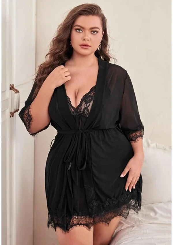 Sheer Black Lace Nightgown with Robe - Product image 5