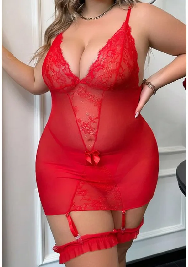 Scarlet Desire Lace Garter Plus Chemise - Red color thumbnail