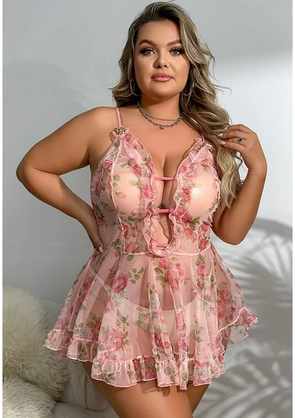 Floral Embrace Plus Babydoll - Pink/Floral color thumbnail