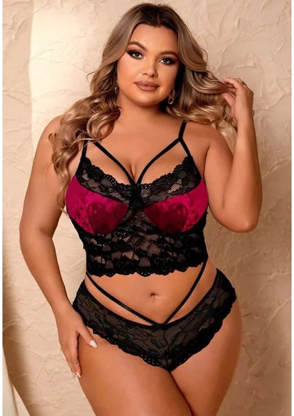 Velvet Obsession Plus Bra Set - Burgundy/Black color thumbnail