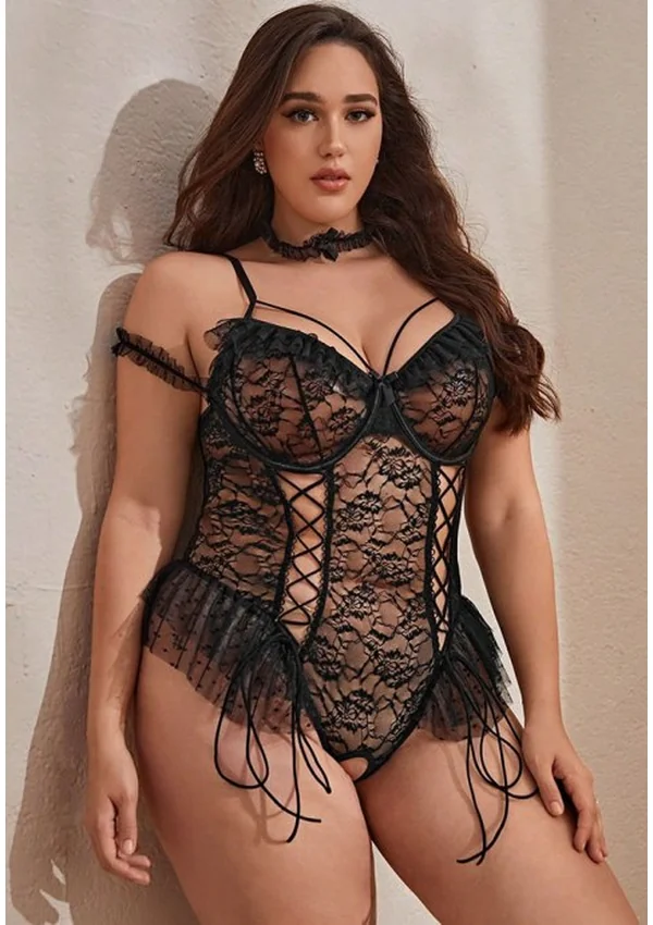 Midnight Lace Ruffle Corset Plus Teddy - Product image 6