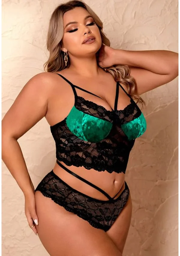 Velvet Obsession Plus Bra Set - Green/Black color thumbnail