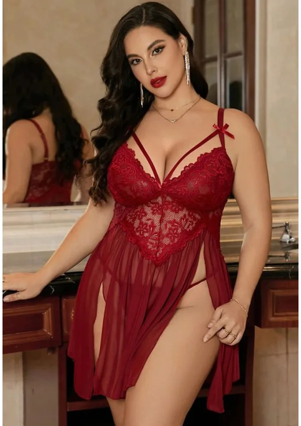 Crimson Seduction Plus Babydoll - Burgundy color thumbnail