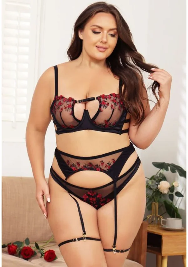 Crimson Bloom Lingerie Plus Set - Black/Floral color thumbnail