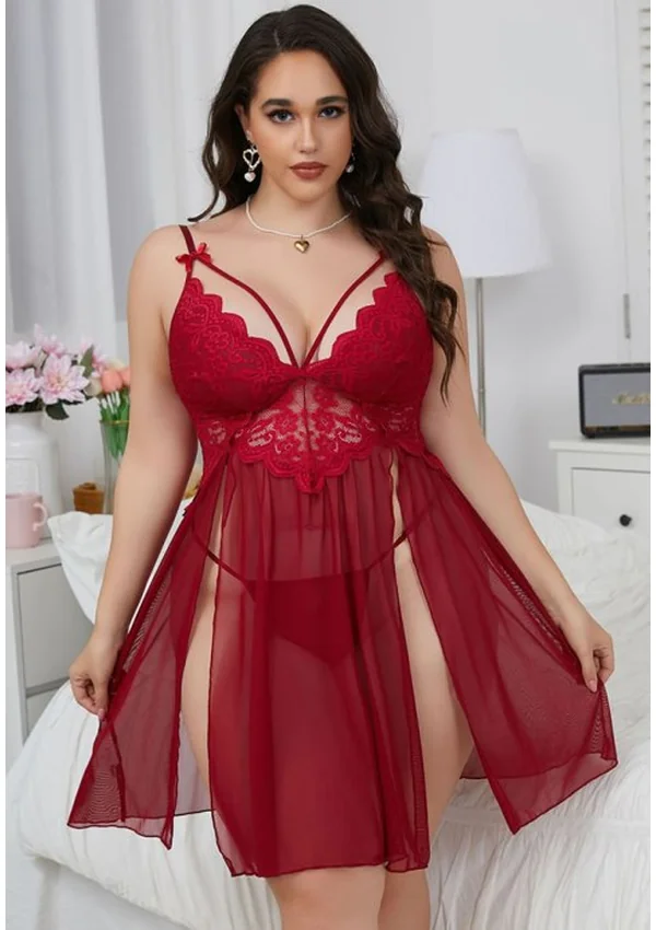 Enchanted Lace Plus Nightdress - Red color thumbnail