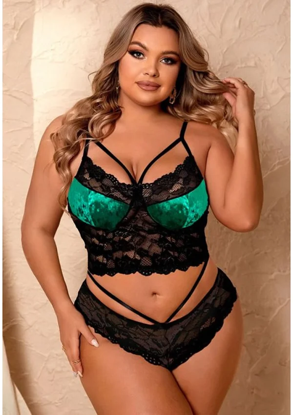Velvet Obsession Plus Bra Set - Green/Black color thumbnail