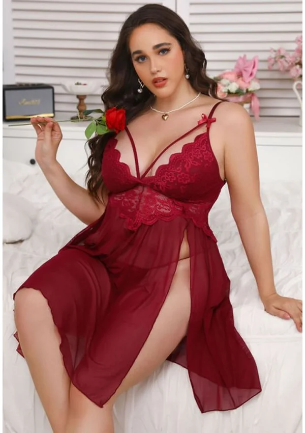 Enchanted Lace Plus Nightdress - Red color thumbnail