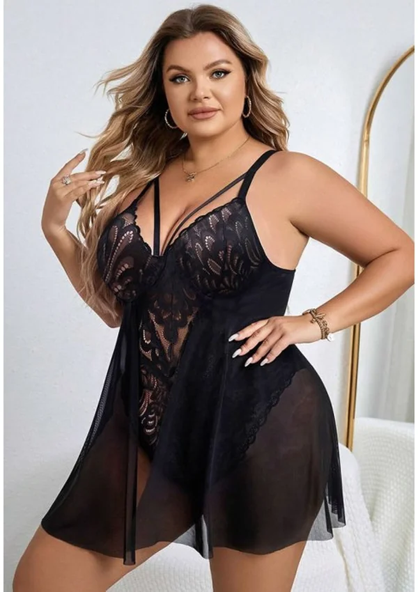 Noir Elegance Lace Plus Teddy - Black color thumbnail