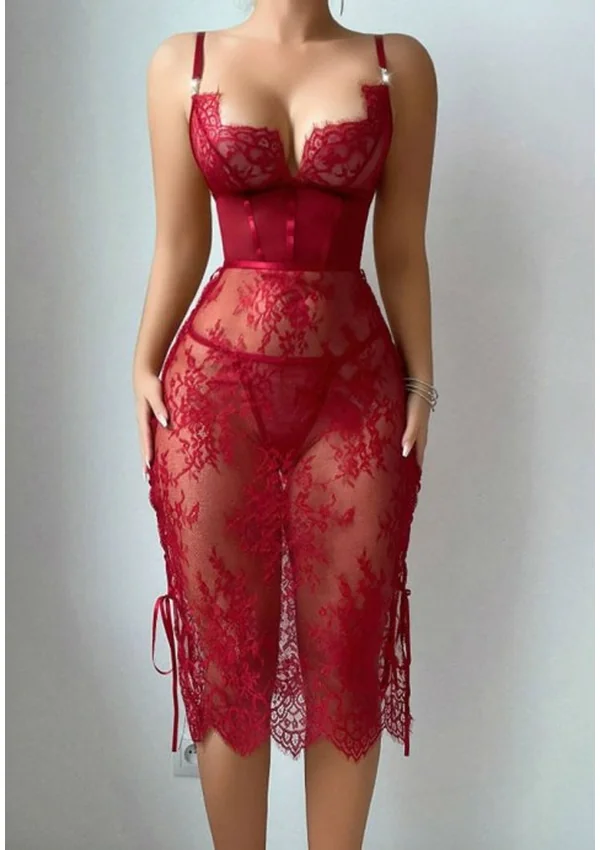 Crimson Lace Corset Gown - Burgundy color thumbnail