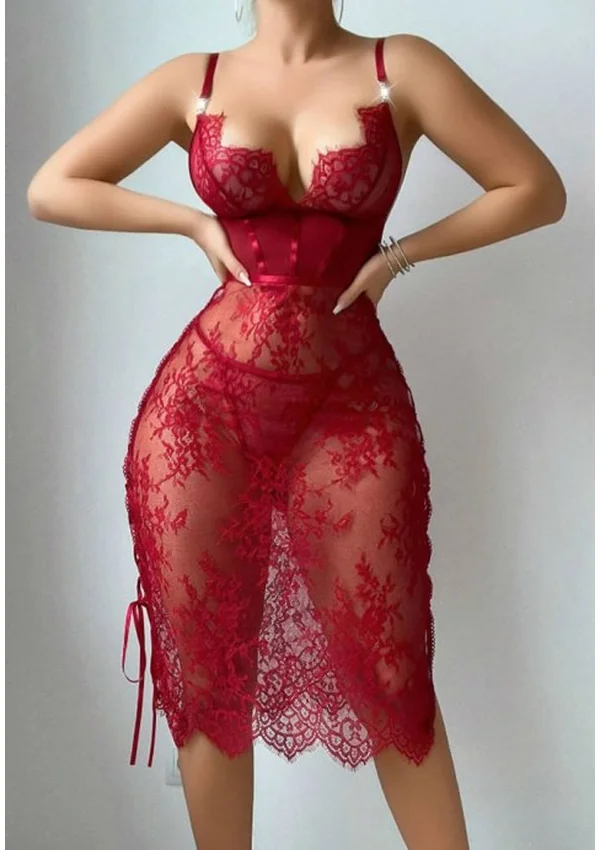 Crimson Lace Corset Gown - Burgundy color thumbnail