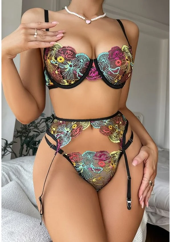 Radiant Bloom Lingerie Set - Black/Floral color thumbnail