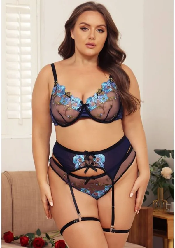 Azure Bloom Lingerie Plus Set - Navy/Floral color thumbnail