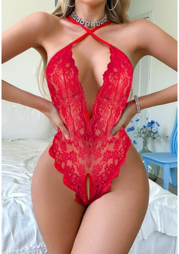 Scarlet Kiss Halter Lace Teddy - Red color thumbnail