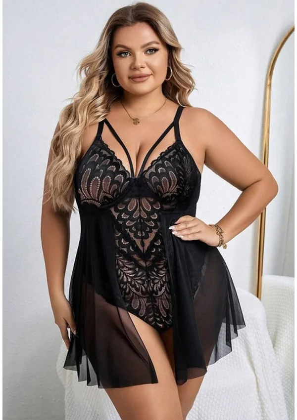 Noir Elegance Lace Plus Teddy - Black color thumbnail