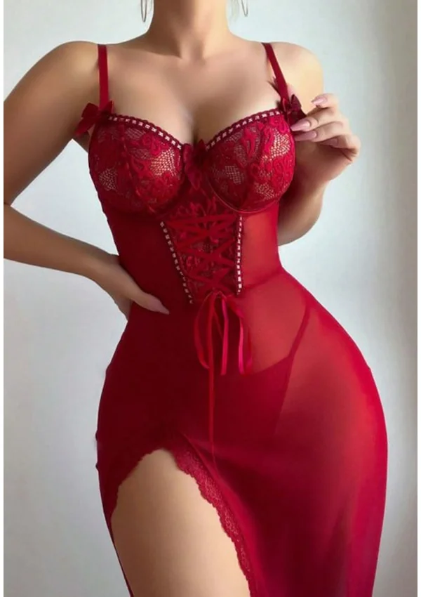 Crimson Elegance Sheer Gown - Burgundy color thumbnail