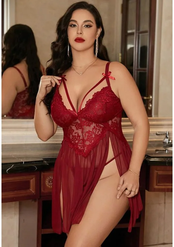 Crimson Seduction Plus Babydoll - Burgundy color thumbnail