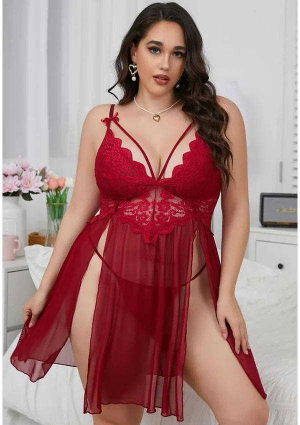 Enchanted Lace Plus Nightdress - Red color thumbnail