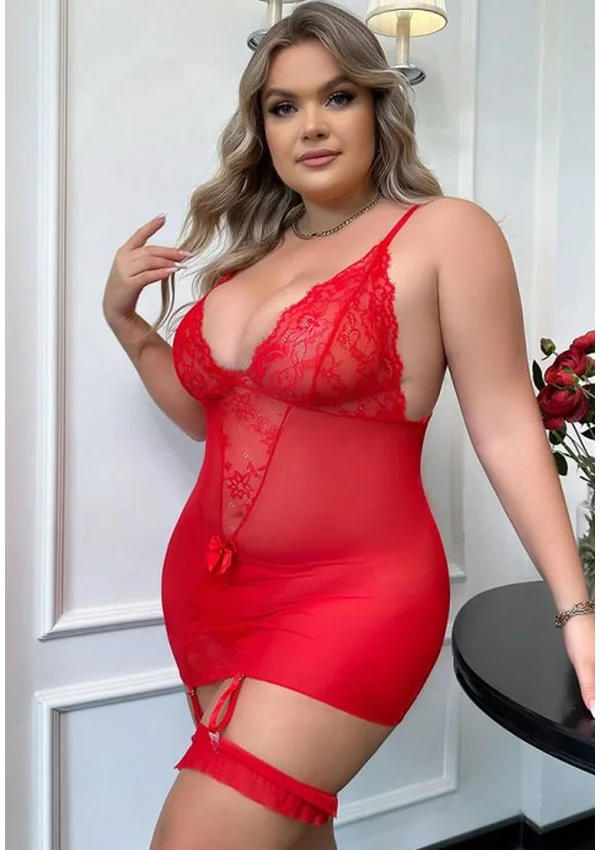 Scarlet Desire Lace Garter Plus Chemise - Red color thumbnail