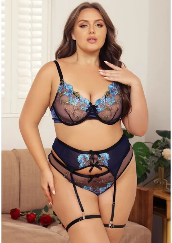 Azure Bloom Lingerie Plus Set - Navy/Floral color thumbnail