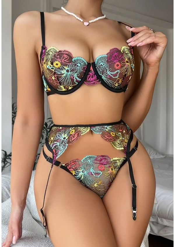 Radiant Bloom Lingerie Set - Black/Floral color thumbnail