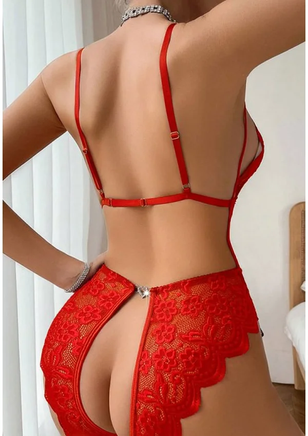 Passion Bloom Lace Teddy - Red color thumbnail