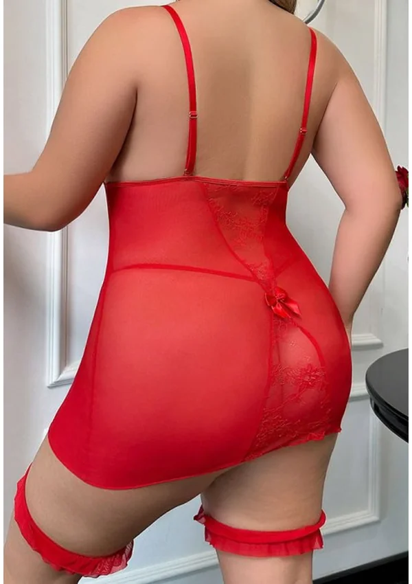 Scarlet Desire Lace Garter Plus Chemise - Red color thumbnail