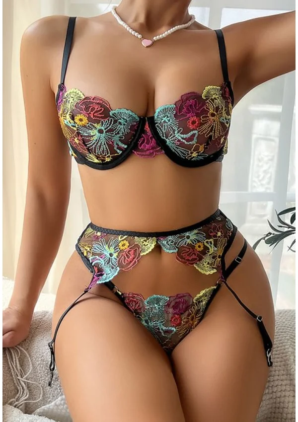 Radiant Bloom Lingerie Set - Black/Floral color thumbnail