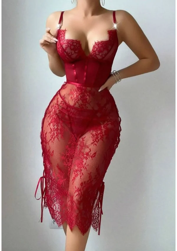 Crimson Lace Corset Gown - Burgundy color thumbnail