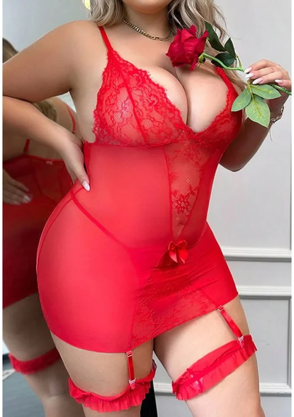 Scarlet Desire Lace Garter Plus Chemise - Red color thumbnail