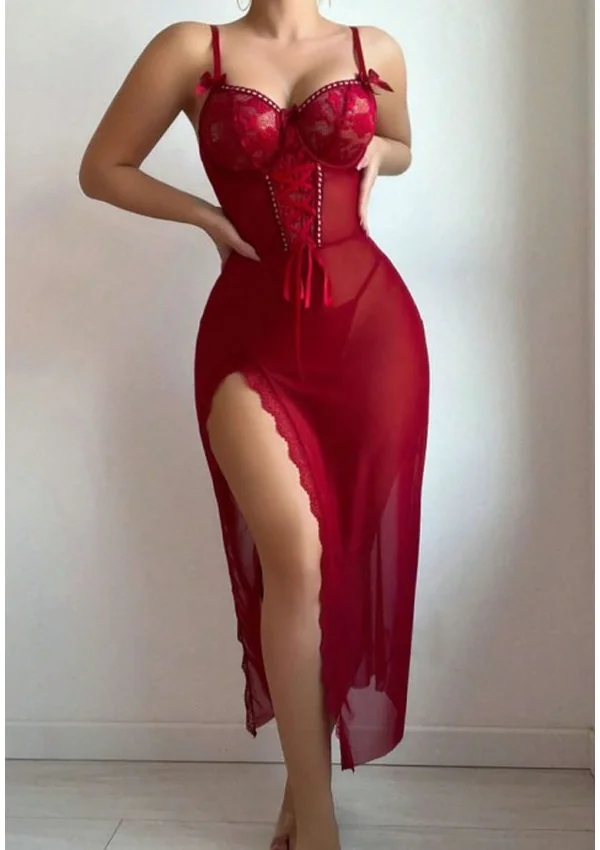 Crimson Elegance Sheer Gown - Burgundy color thumbnail