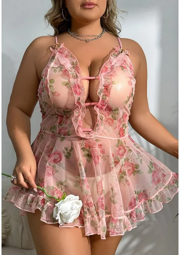Floral Embrace Plus Babydoll - Pink/Floral color thumbnail